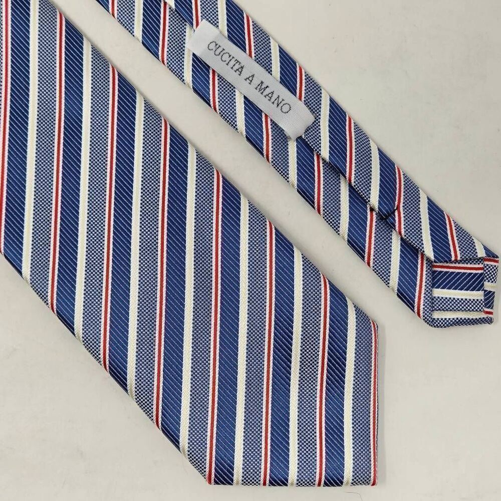 MARCO LAURENTI ITALY SILK TIE LUXURY BLUE WHITE RED LUXURY STRIPE 3.5" X 59"